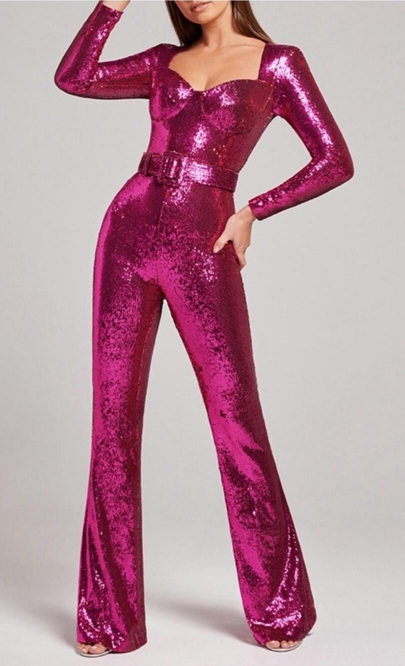 NADINE MERABI Fuchsia Sequin Long-Sleeve Belted Jumpsuit